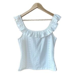 White Eyelet Top Off The Shoulder Ruffle Sleeveless Top - Large